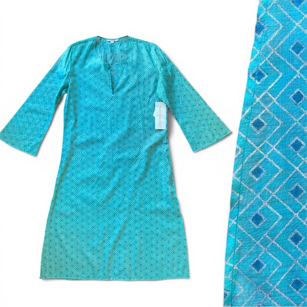 NWT Muriel Brandolini Silk Coverup Geometric Aqua Silver Jelaba Caftan Dress M